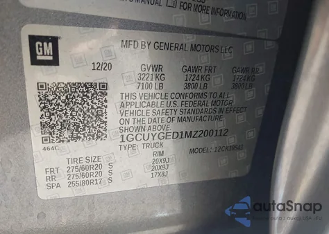 2021 Chevrolet Silverado 1500 4Wd Short Bed Ltz z USA, uszkodzony, nr VIN 1GCUYGED1MZ200112